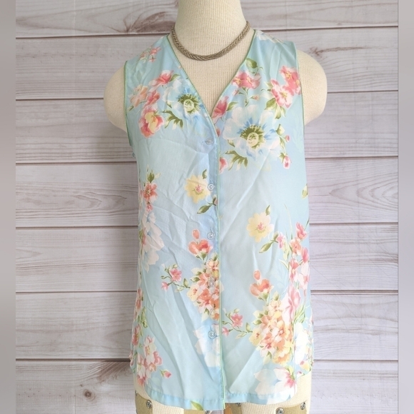 Oscar De La Renta Pink Label Floral Button Down Tank Vest in Blue Size XS - Picture 1 of 11